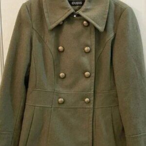 Women’s Green Guess Pea Coat, Wool Blend, Structured, Brass Buttons, Pockets